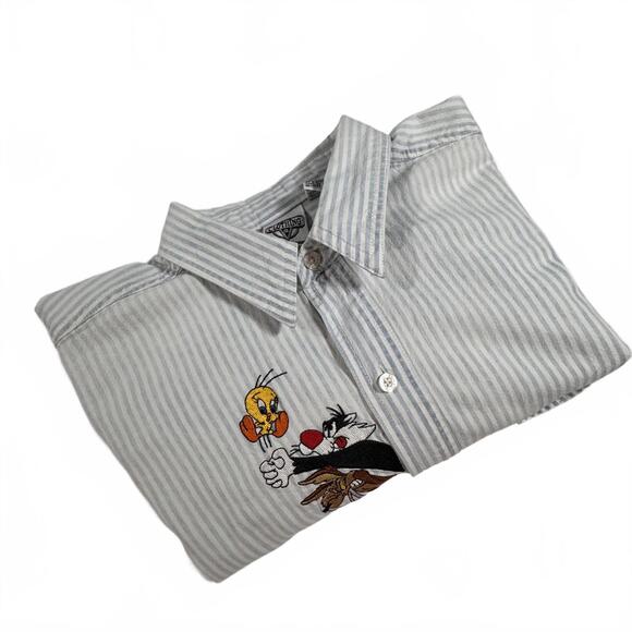 Looney Tunes Shirt Women's Large VTG 8 Embroidered Characters Denim White Stripe - Picture 8 of 8